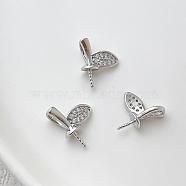 Brass Micro Pave Clear Cubic Zirconia Leaf Peg Bails Pin Charms, for Baroque Pearl Making, Platinum, 8x10mm(BAPE-PW0002-20B)
