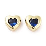 Brass Micro Pave Cubic Zirconia Beads, Real 18K Gold Plated, Heart, Blue, 5.5x5.5x3.5mm, Hole: 1mm(KK-C051-26G-01)