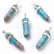 Synthetic Regalite/Imperial Jasper/Sea Sediment Jasper Pointed Pendants, with Brass Findings, Dyed, Bullet, Silver, Deep Sky Blue, 35~41x12.8x10mm, Hole: 3x4mm(G-I203-E-04S)