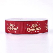 Polyester Grosgrain Ribbon for Christmas, Word, Red, 25mm, about 100yards/roll(SRIB-P013-D02)