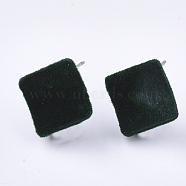 Flocky Iron Stud Earring Findings, with Steel Pins and Loop, Rhombus, Dark Green, 16x16mm, Hole: 4mm, Pin: 0.8mm, Side Length: 12.5mm(X-IFIN-S704-35B)