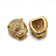 Brass Micro Pave Cubic Zirconia Leopard Head Beads, Lead Free & Cadmium Free & Nickel Free, Clear, Real 18K Gold Plated, 14x13x9mm, Hole: 3mm & 7x4mm(ZIRC-M069-15G-NR)