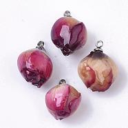 Handmade Natural Real Rose Dried Flower Pendants, Covered with Clear Epoxy Resin, with 304 Stainless Steel Peg Bails Pendants, Stainless Steel Color, Purple, 15.5~18x8~12.5x8~11.5mm, Hole: 1.4mm(RESI-R424-01)