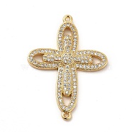 Eco-Friendly Rack Plating Brass Micro Pave Clear Cubic Zirconia Connector Charms, Lead Free & Cadmium Free, Long-Lasting Plated, Religion Cross Links, Real 18K Gold Plated, 33.5x24.5x3mm, Hole: 1~1.2mm(KK-F847-04G)