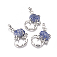 Natural Blue Spot Jasper Kitten Pendants, with Platinum Tone Brass Findings and Crystal Rhinestone, Cat with Bowknot Shape, 32x25.5x7.5mm, Hole: 4.5x7mm(G-L512-R04)
