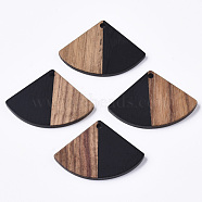 Resin & Wood Pendants, Fan Shape, Black, 26x37.5~38x3.5mm, Hole: 2mm(RESI-S358-86B-02)