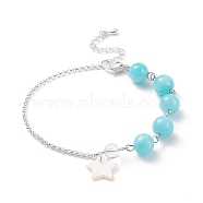 Natural Mashan Jade(Dyed) Beaded Bracelet with 304 Stainless Steel Rolo Chains, Shell Star Charm Bracelet for Women, Silver, 7-3/8 inch(18.8cm)(BJEW-JB08145-03)