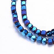 Electroplate Non-magnetic Synthetic Hematite Bead Strands, with Matte Style, Cube, Blue Plated, 3x3x3mm, Hole: 1mm, about 142pcs/strand, 15.7 inch(G-Q467-11H)
