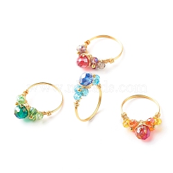Electroplate Faceted Glass Beads Finger Rings, Real 18K Gold Plated Copper Wire Wrap Rings, Mixed Color, US Size 8(18.1mm)(RJEW-TA00014)
