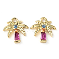 Brass Micro Pave Cubic Zirconia Pendants, Coconut Tree Charms, Rack Plating, Long-Lasting Plated, Cadmium Free & Lead Free, Real 18K Gold Plated, 9.5x9.5x2mm, Hole: 1.2mm(X-KK-P290-58G)
