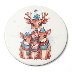 Christmas Handmade Printed Porcelain Big Pendants, Flat Round Charm, Deer, 76x3.5mm, Hole: 5mm(PORC-F009-02)
