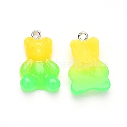 Gradient Color Opaque Resin Pendants, with Glitter Powder and Platinum Tone Iron Peg Bails, Bear, Lime, 23.5x15x6.5mm, Hole: 1.8mm(RESI-R433-01E)