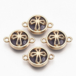 Glass Links connectors, with Light Gold Plated Alloy Findings, Flat Round with Cross, Indigo, 13.5x19.5x5.5mm, Hole: 1.6mm(X-GLAA-T015-12B)