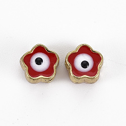Rack Plating Alloy Enamel Beads, Cadmium Free & Lead Free, Flower with Evil Eye, Red, 6x6x3~4mm, Hole: 1.5mm(ENAM-S122-044A-01-RS)
