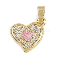 Brass Micro Pave Cubic Zirconia Enamel Pendants, Heart Charms, Long-Lasting Plated, Rack Plating, Lead Free & Cadmium Free, Pink, 18x17x2.5mm, Hole: 5.5x3mm(KK-Z123-19G-04)