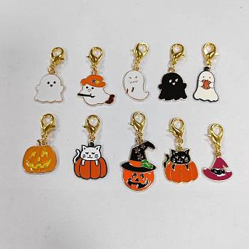 Halloween Alloy Enamel Pendant Locking Stitch Markers, Zinc Alloy Lobster Claw Clasps Stitch Marker, Pumpkin/Ghost/Witch Hat, Mixed Color, 3.5~4.6cm, 10 style, 1pc/style, 10pcs/set