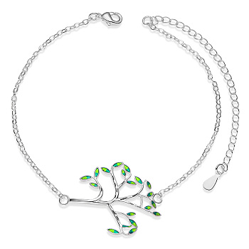 SHEGRACE Rhodium Plated 925 Sterling Silver Link Bracelets, with Epoxy Resin, Tree, Yellow Green, 6-1/2 inch(16.5cm)