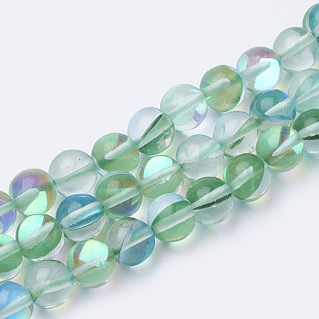Synthetic Moonstone Beads Strands, Holographic Beads, Dyed, Round, Green, 8mm, Hole: 0.7mm, 48pcs/strand, 15 inch