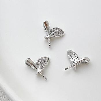 Brass Micro Pave Clear Cubic Zirconia Leaf Peg Bails Pin Charms, for Baroque Pearl Making, Platinum, 8x10mm
