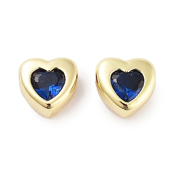 Brass Micro Pave Cubic Zirconia Beads, Real 18K Gold Plated, Heart, Blue, 5.5x5.5x3.5mm, Hole: 1mm