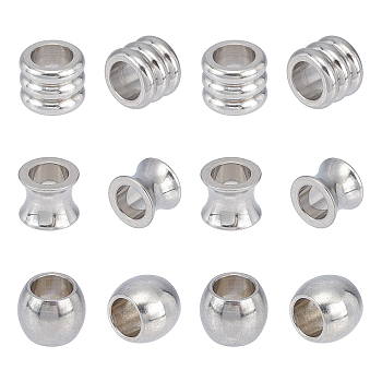 304 Stainless Steel European Beads, Large Hole Beads, Vase/Column/Barrel, Stainless Steel Color, 10x8mm, Hole: 6mm, 3 shapes, 10pcs/shape, 30pcs/box