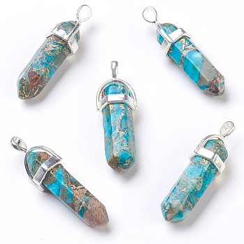 Synthetic Regalite/Imperial Jasper/Sea Sediment Jasper Pointed Pendants, with Brass Findings, Dyed, Bullet, Silver, Deep Sky Blue, 35~41x12.8x10mm, Hole: 3x4mm