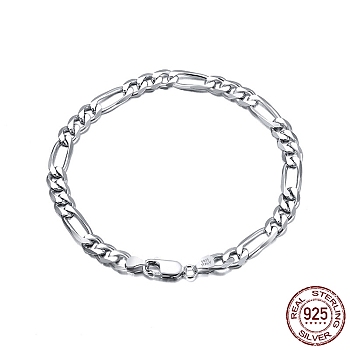 Rhodium Plated 925 Sterling Silver Figaro Chain Bracelets, with S925 Stamp, Platinum, 6-1/2 inch(16.5cm)