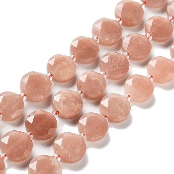 Natural Peach Moonstone Beads Strands, with Seed Beads, Faceted Hexagonal Cut, Flat Round, 12~12.5x5~6mm, Hole: 1.2~1.4mm, about 27~29pcs/strand, 15.55~15.75 inck(39.5~40cm)