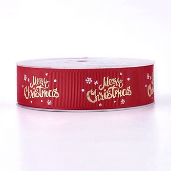 Polyester Grosgrain Ribbon for Christmas, Word, Red, 25mm, about 100yards/roll