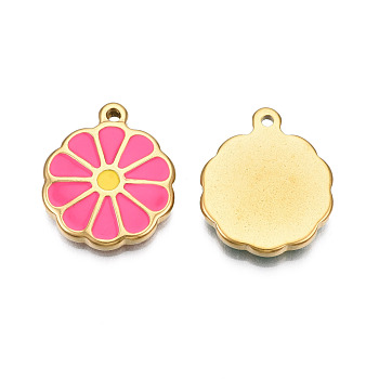 304 Stainless Steel Enamel Pendants, Real 18K Gold Plated, Flower, Hot Pink, 22x18.5x3mm, Hole: 1.6mm