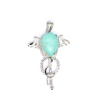 Synthetic Turquoise Teardrop Pendants, Platinum Tone Brass Key Scepter Wing Charms, 45x35x9mm