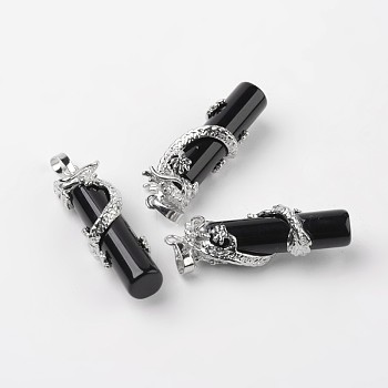 Tube Natural Black Agate Pendants, with Dragon Brass Findings, Platinum, 48x15x10mm, Hole: 7x5mm