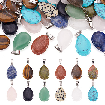 50Pcs Natural & Synthetic Mixed Gemstone Pendants, Teardrop Charms, with Platinum Tone Brass Snap on Bails, Mixed Dyed and Undyed, 25~29x16~17x5~6mm, Hole: 2x7mm