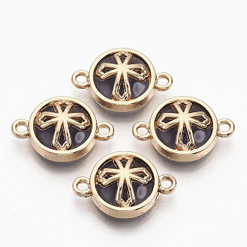 Glass Links connectors, with Light Gold Plated Alloy Findings, Flat Round with Cross, Indigo, 13.5x19.5x5.5mm, Hole: 1.6mm