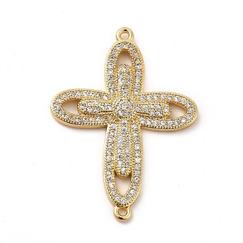 Eco-Friendly Rack Plating Brass Micro Pave Clear Cubic Zirconia Connector Charms, Lead Free & Cadmium Free, Long-Lasting Plated, Religion Cross Links, Real 18K Gold Plated, 33.5x24.5x3mm, Hole: 1~1.2mm