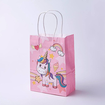 kraft Paper Bags, with Handles, Gift Bags, Shopping Bags, Rectangle, Unicorn Pattern, Pink, 21x15x8cm