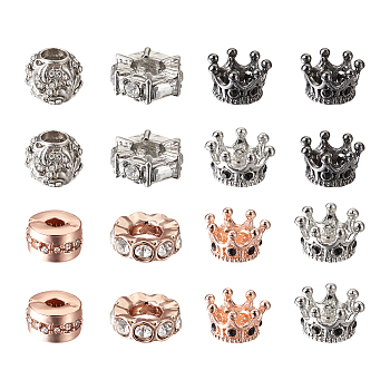 Pet 18Pcs 7 Style Alloy European Beads, Large Hole Beads, with Crystal Rhinestone, Crown & Rondelle & Flat Round, Mixed Color, 10~11.5x4~9.5mm, Hole: 3~5mm