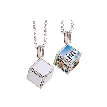 Sublimation Blank Aluminum Pendant Necklace, Alloy Blank Photo Picture Cube Pendant Necklace for Men Women, Platinum, 28.15 inch(71.5cm), Sheet: 15x15x0.5mm