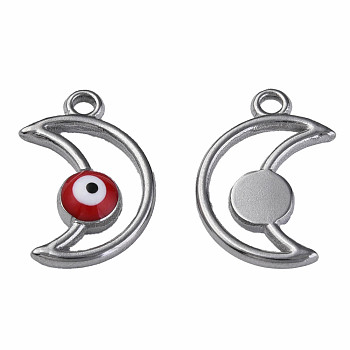 304 Stainless Steel Enamel Pendants, Moon with Evil Eye, Stainless Steel Color, Dark Red, 18x12x3mm, Hole: 1.6mm