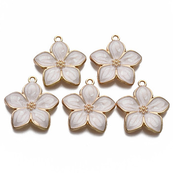 Alloy Enamel Pendants, Light Gold, Cadmium Free & Nickel Free & Lead Free, Flower, Floral White, 27.5x25.5x3.5mm, Hole: 2mm