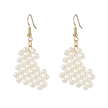 Heart Pearl Beads Dangle Earrings, Brass Earring Hooks, White, 50mm, Pin: 0.7mm
