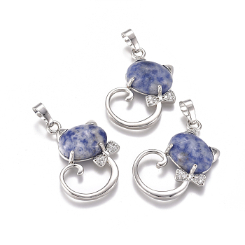 Natural Blue Spot Jasper Kitten Pendants, with Platinum Tone Brass Findings and Crystal Rhinestone, Cat with Bowknot Shape, 32x25.5x7.5mm, Hole: 4.5x7mm