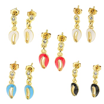 Shell Shape Real 18K Gold Plated Brass Dangle Stud Earrings, with Enamel and Clear Cubic Zirconia, Mixed Color, 19.5x5.5mm
