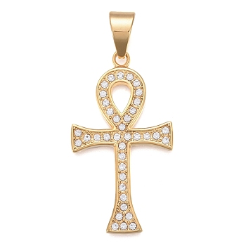 304 Stainless Steel Big Pendants, with Crystal Rhinestone, Ankh Cross, Golden, 50x27.5x3mm, Hole: 7.5x11mm