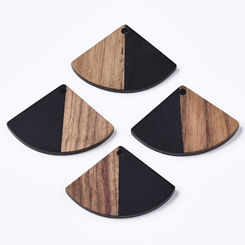 Resin & Wood Pendants, Fan Shape, Black, 26x37.5~38x3.5mm, Hole: 2mm