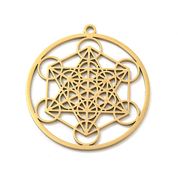 304 Stainless Steel Pendants, Laser Cut, Metatron Cube Charm, Real 18K Gold Plated, 43x40x1.5mm, Hole: 2.5mm