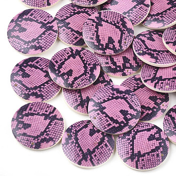 Printed Wooden Pendants, Back Random Color, Flat Round, Hot Pink, 30x5mm, Hole: 1mm