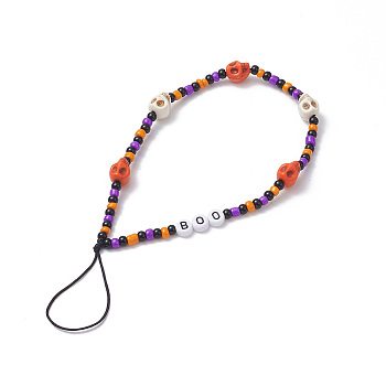 Halloween Glass Beaded Mobile Straps, with Synthetic Turquoise Beads, Nylon Thread Anti-Lost Mobile Accessories Decoration, Word Boo/Skull, Colorful, 19cm