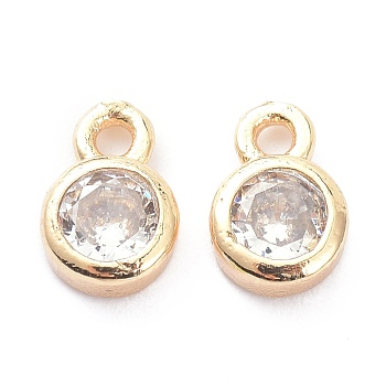 Brass Micro Pave Clear Cubic Zirconia Charms Pendants, Long-Lasting Plated, Flat Round, Real 14K Gold Plated, 8x5x2mm, Hole: 1.2mm