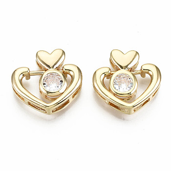 Brass Micro Pave Clear Cubic Zirconia Slide Charms, Nickel Free, Heart, Real 18K Gold Plated, 15x16x4.5mm, Hole: 2.5x2mm and 4.5x2mm